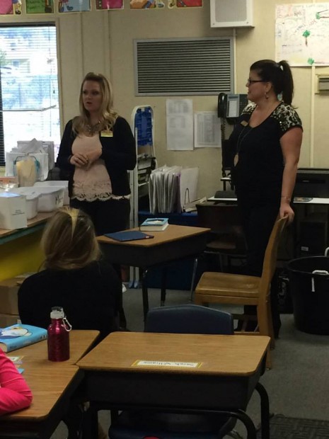 Jessika Johnson and Shelly Noack talk about Rotary projects with Ms. Hudson's class. 