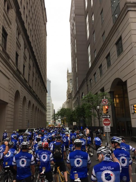 The group of riders get ready to leave downtown Philadelphia.