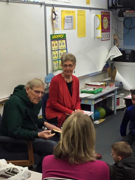 Lou and Kay Oring with Mrs. Dunn and her class